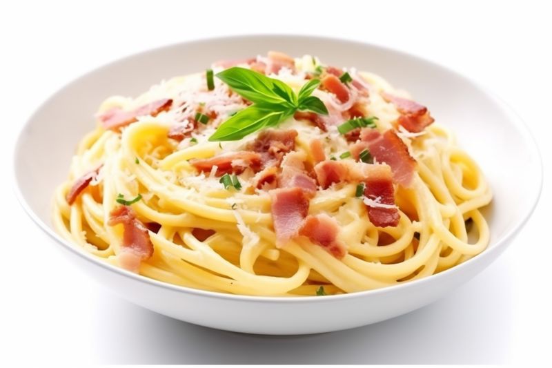 meat food bacon carbonara pasta sauce italian spaghetti cheese meal. Generative AI.