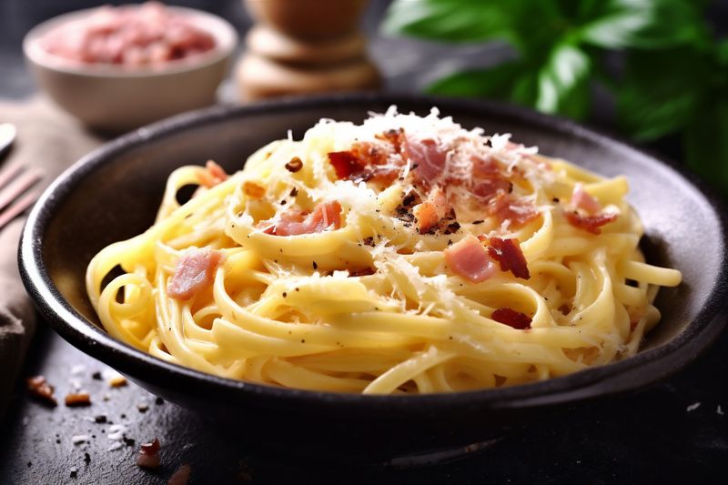 meat carbonara cheese food bacon pasta meal spaghetti italian sauce. Generative AI.