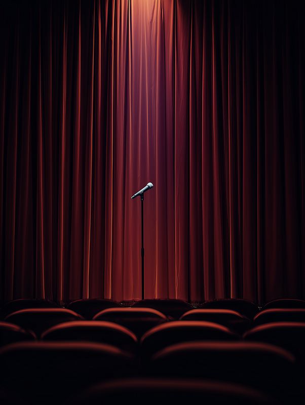 A single microphone stands on a dimly lit stage before closed red velvet curtains, with empty auditorium seats in the foreground, evoking anticipation and quiet readiness.