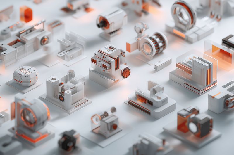 Close-up of miniature modular mechanical components in a precise grid, futuristic industrial design with white surfaces, orange accents, soft studio lighting and shallow depth.