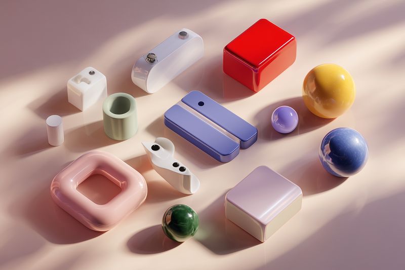 Colorful ceramic-like geometric objects and glossy spheres arranged on a soft pastel surface, casting long directional shadows under warm studio light, creating a playful minimalist still life