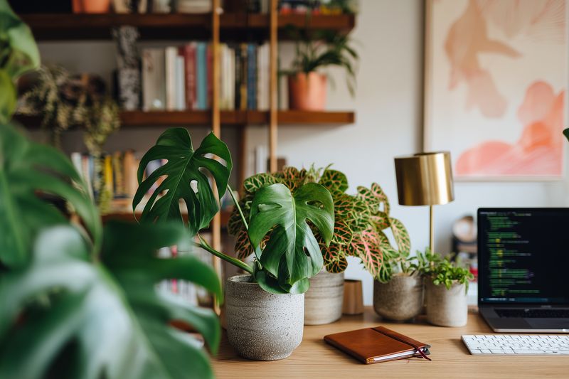 Cozy home office desk filled with potted houseplants, a laptop and notebook, warm lamp light and wooden shelves creating a natural, inviting indoor workspace scene for remote work.