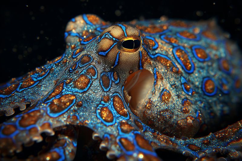 Close-up underwater portrait of a small colorful marine octopus displaying vivid iridescent blue rings and intricate textured skin, highlighting natural camouflage and warning colors.
