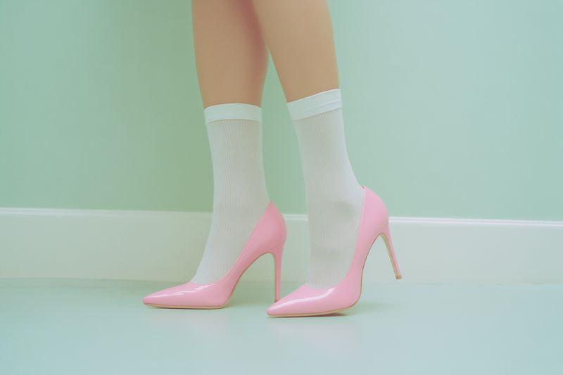 Minimalist fashion photograph of a woman's legs wearing sheer white ankle socks paired with glossy pink high heels, set against a pastel mint wall and pale floor for a retro modern look.