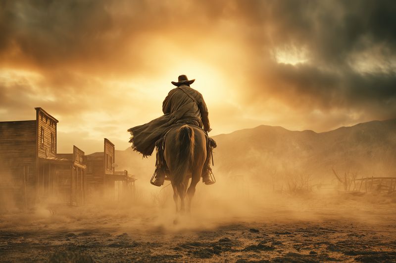 Lone cowboy rides horseback into a dusty frontier town at sunset, silhouette framed by a dramatic sky and swirling dust, evoking rugged solitude and western adventure.