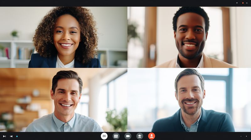 Smiling diverse business professionals participate in a virtual video conference grid, engaging in remote collaboration from home offices with friendly expressions and professional attire.