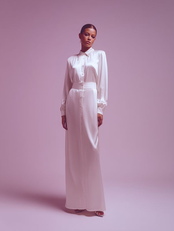 Elegant female model wearing a long satin white gown in a minimalist studio setting, posing with poise and refined expression under soft pink lighting, showcasing timeless silhouette and sheen.