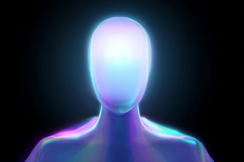 Iridescent faceless humanoid bust glowing with neon light against dark background, futuristic abstract portrait conveying mystery, technology, artificial intelligence aesthetic.