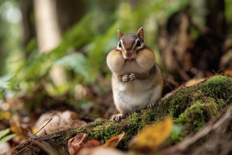 Close-up of a wild chipmunk in a forest setting with cheeks full of food, standing on mossy ground among fallen leaves and soft bokeh background, natural wildlife moment.