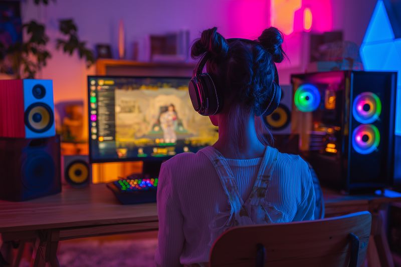 Back view of a person wearing headphones playing a game on a colorful RGB desktop computer setup with monitor, speakers and ambient neon lighting in a cozy gaming room.