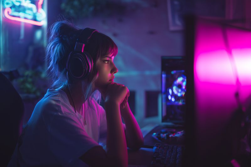 Young woman wearing headphones sits at a glowing computer desk in colorful neon lighting, focused on a screen during a night gaming or streaming session with ambient moody atmosphere.