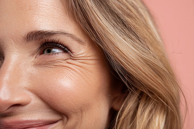Close-up portrait of a smiling middle-aged woman with blonde hair, highlighting natural skin texture and crow's feet near the eye, soft studio lighting and a warm pink background conveying genuine