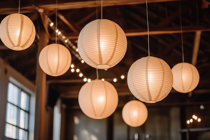 Warm paper lanterns hang from exposed wooden beams, casting soft ambient light over an indoor event space with string lights and rustic architectural details, creating a cozy atmosphere.
