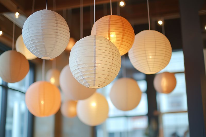Softly lit paper lanterns suspended from the ceiling in a modern indoor setting, casting a warm ambient glow and creating a cozy decorative atmosphere with soft bokeh.