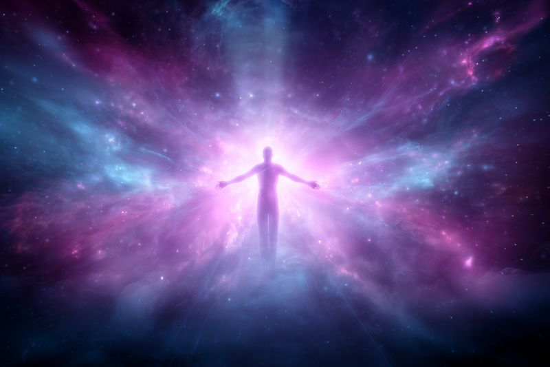 Silhouette of a human figure standing in a radiant cosmic nebula, arms outstretched amid colorful purple and blue light, evoking transcendence, energy and cosmic connection.