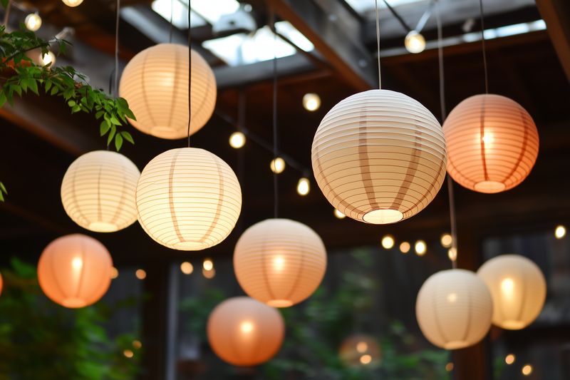 Warm paper lanterns hanging indoors create a cozy ambient scene with soft glowing light, blurred background bokeh and decorative hanging bulbs suitable for celebration or intimate gathering.