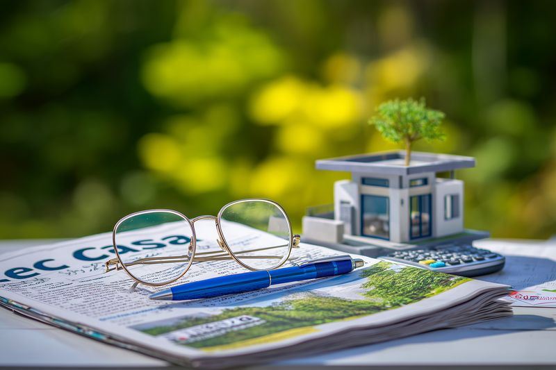 Eco real estate concept with miniature house model, eyeglasses and pen on a property brochure and calculator, symbolizing sustainable home planning and cost considerations.