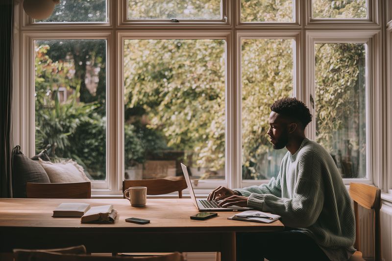 Young man working on laptop at a wooden table by a large window, natural light streaming in while coffee, notebooks and phone sit nearby creating a cozy home workspace.