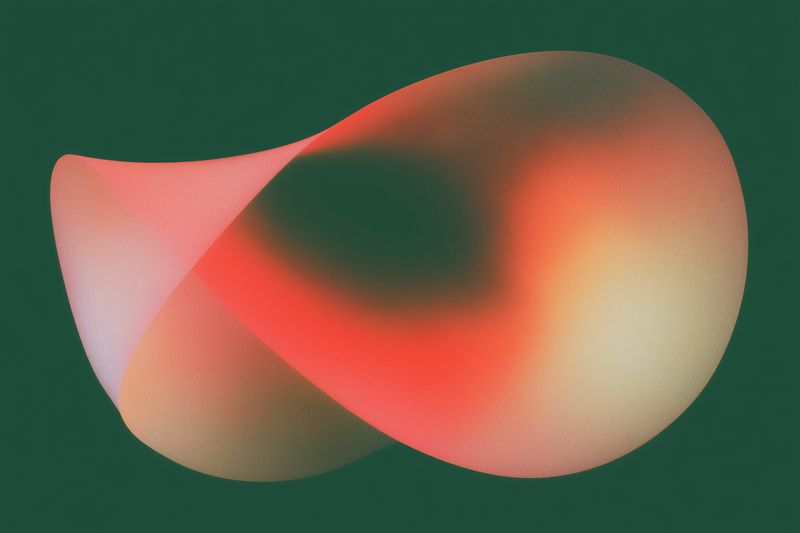 Abstract organic form with soft grainy texture in warm coral and olive green gradients, floating on a deep green background. Minimal modern composition conveying motion, depth and fluidity.