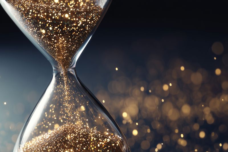 Close-up of an elegant hourglass with shimmering golden sand flowing through its narrow waist, dramatic bokeh highlights evoke luxury, motion, and the passage of time.