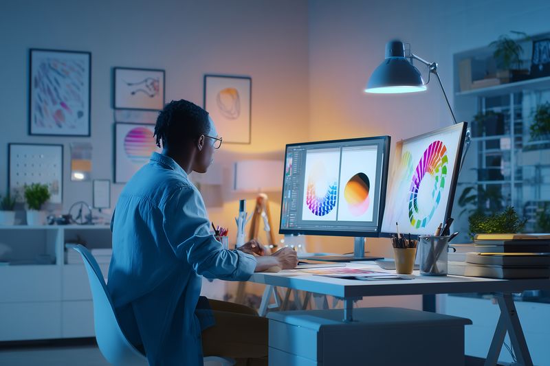 Creative designer working late in a modern studio, editing vibrant color palettes and digital illustrations on dual monitors, surrounded by sketches, plants and design tools.