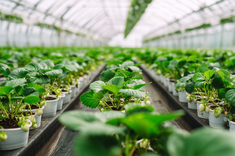 Rows of young strawberry plants growing in white pots inside a bright commercial greenhouse, showcasing controlled environment agriculture and healthy vibrant green foliage and growth.