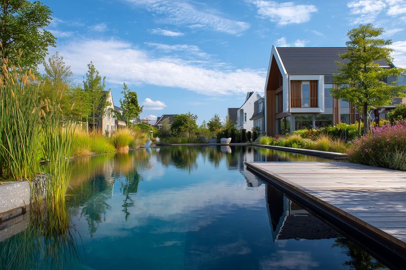 Contemporary lakeside residential scene featuring modern houses with wooden boardwalks, lush landscaping and a clear reflective pond under blue sky, evoking tranquil suburban living and ecofriendly