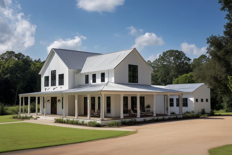 Spacious white modern farmhouse with wraparound porch and metal roof, large windows and columns, set on landscaped grounds with gravel driveway, manicured lawn and mature trees.