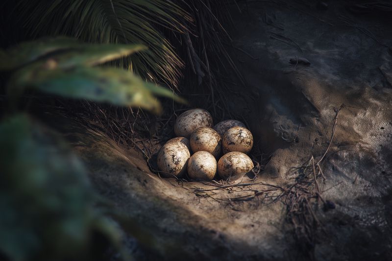 A close-up photograph of speckled eggs nestled in a natural ground nest, surrounded by soft feathers and foliage, capturing intimate textures, warm light, earthy tones and quiet mood.