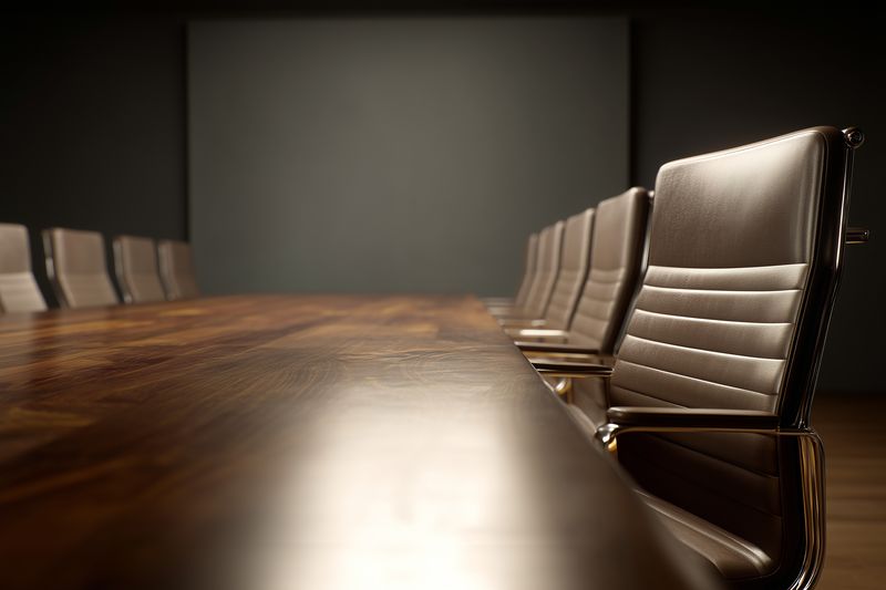 Empty modern conference room with long wooden table and leather swivel chairs arranged neatly, soft lighting creating a professional calm atmosphere for meetings and presentations.