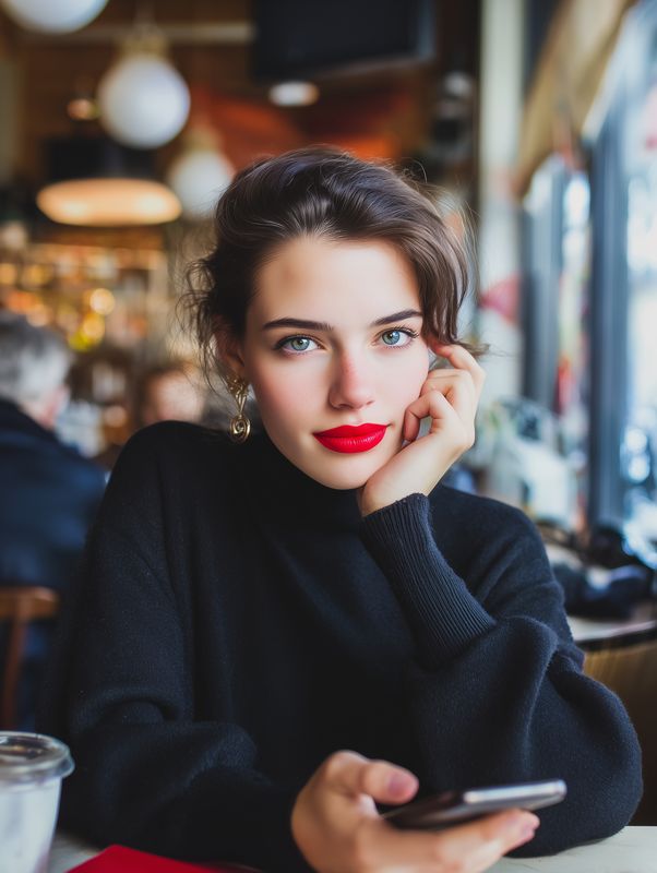 Stylish young woman with red lipstick and green eyes sits in a cozy cafe, holding a smartphone and looking directly at the camera, natural light and warm bokeh.
