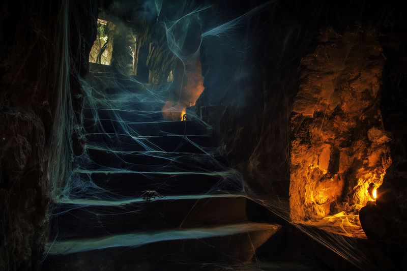A dim ancient stone stairway inside a cavern lit by warm torchlight and cool blue mist, with intricate spiderwebs glistening across rugged steps and casting eerie shadows below.