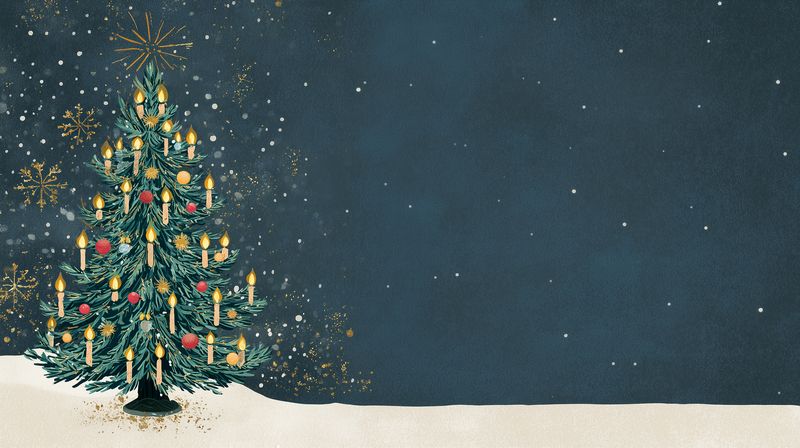 Vintage holiday illustration of a decorated evergreen tree with glowing candles and ornaments standing on snow against a starry textured blue background, festive and cozy.