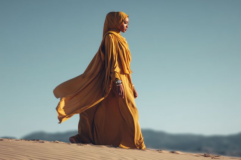 A woman in a flowing golden headscarf and long dress walks across sunlit sand dunes, the fabric billowing in the wind beneath a clear sky with soft distant hills.