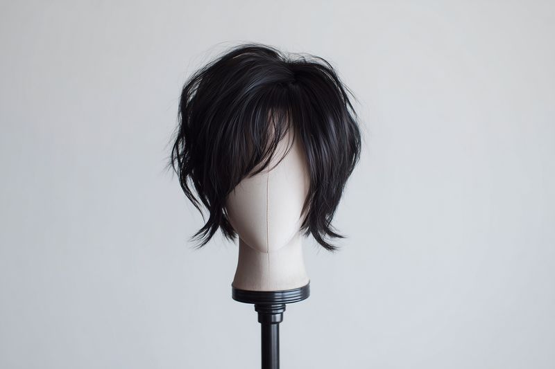 Short black wig displayed on a fabric mannequin head mounted on a stand against a neutral background, showcasing textured layers and contemporary haircut styling.
