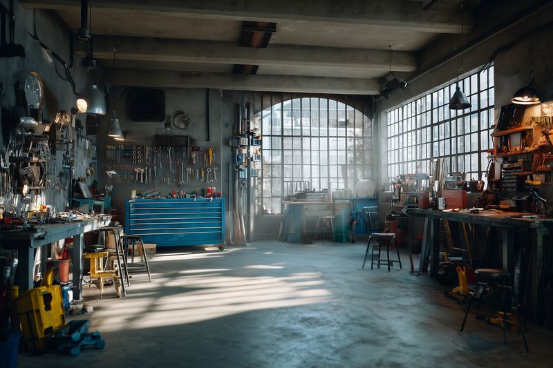 Sunlit industrial workshop interior with large factory windows, concrete floor and organized tool benches, showcasing vintage equipment and spacious open area for mechanical repairs.