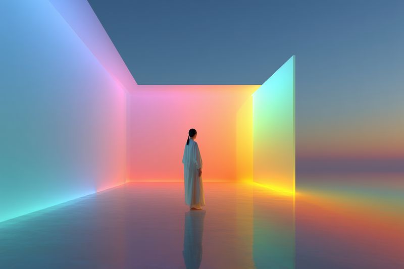 A lone figure stands in a minimalist room bathed in soft gradient light, pastel walls and glossy reflections creating a serene, futuristic art installation with contemplative atmosphere and space.