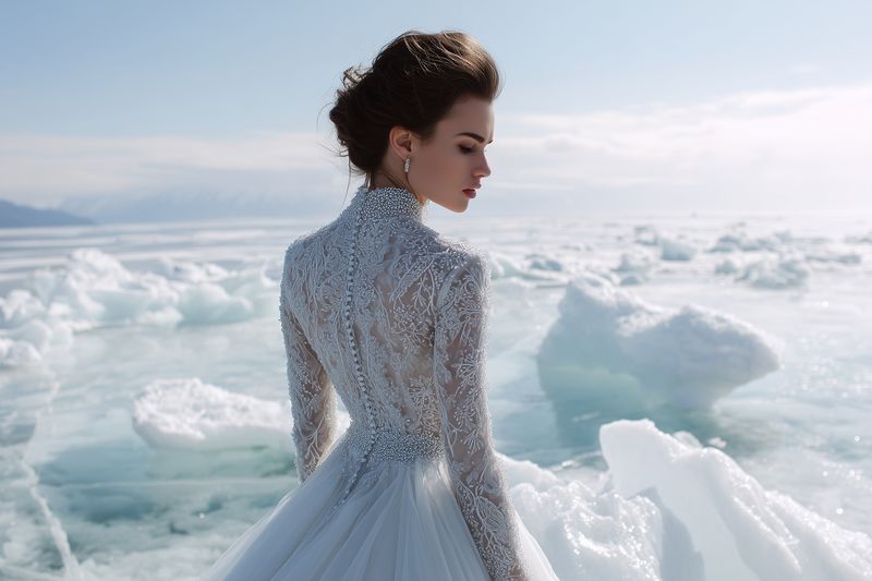 A bride in an intricately beaded gown stands on a frozen shoreline, gazing over icy formations and pale water, evoking serene bridal elegance in a winter landscape.