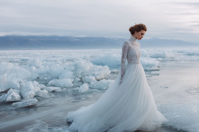 A woman in an elegant white gown stands on a frozen shoreline among scattered ice and mist, creating a dramatic winter fashion portrait with ethereal light and cinematic mood.