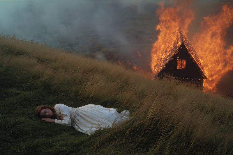 A lone woman in a white vintage dress lies sleeping in tall grass as a small wooden house blazes nearby, creating a haunting contrast between calm and fiery destruction under smoky sky.