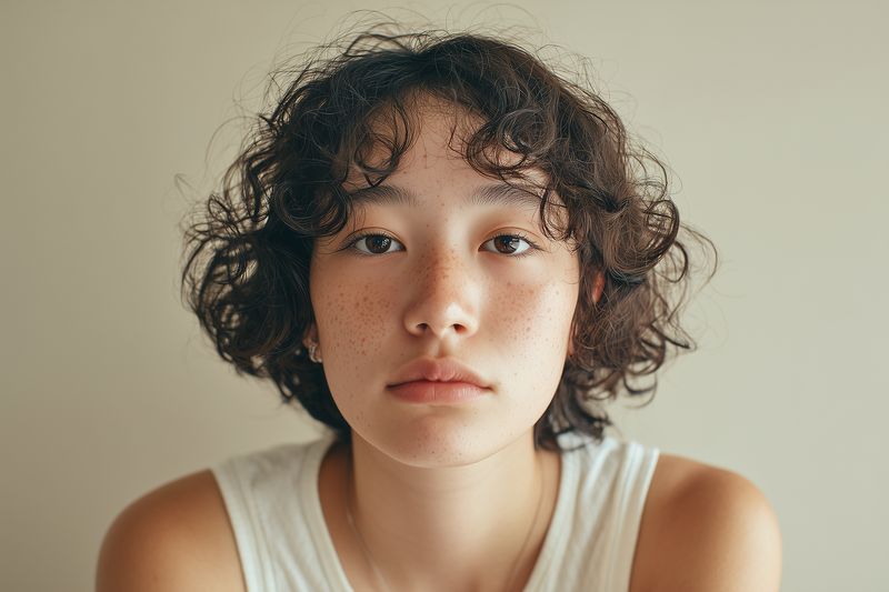 Close-up portrait of a young person with curly hair and freckles, natural light highlighting skin texture and soft expression in a minimal indoor setting, intimate headshot.