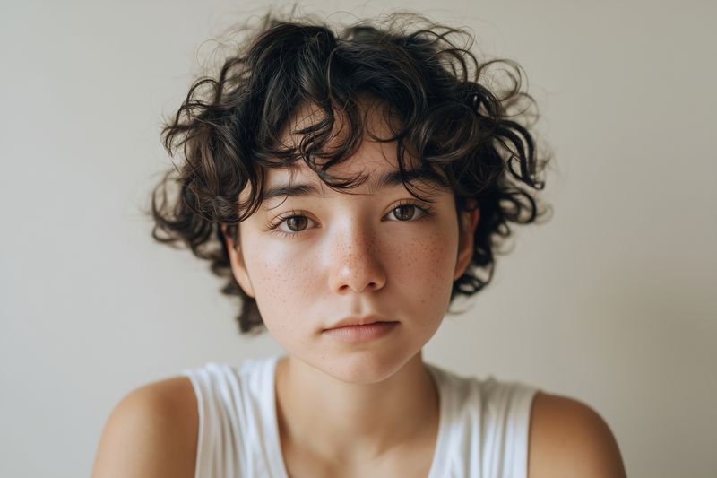 Close-up portrait of a thoughtful adolescent with curly hair and freckles, looking directly at the camera against a neutral background, soft natural lighting and calm expression.