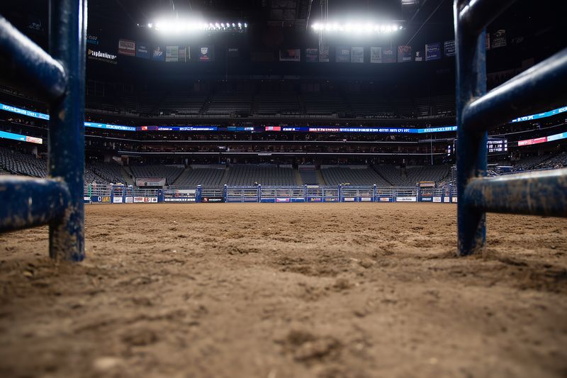 Low angle view from behind metal chutes into a dirt rodeo arena inside a large indoor stadium, lit by bright overhead lights with empty rows of spectator seating visible in the background.