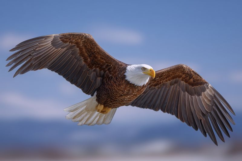 Majestic bald eagle midflight with wings fully extended, detailed feathers, sharp beak and focused gaze against a soft blue sky, capturing the power and grace of a wild raptor.
