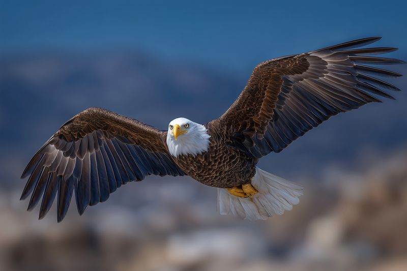 A majestic adult bald eagle glides low over blurred water, wings fully extended with detailed feathers, sharp yellow beak and focused gaze captured in dynamic flight.