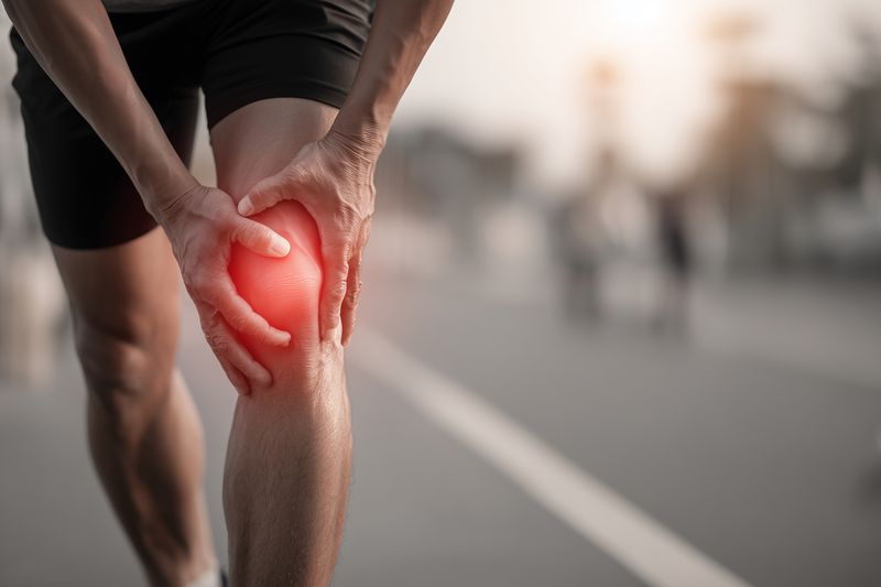 A runner clutching his painful knee on a sunlit road during outdoor training, with a red highlight emphasizing joint pain, strain and acute sports injury while stopping midstride.
