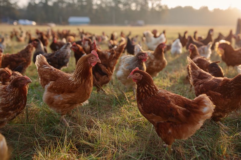 Free-range brown hens grazing in a sunlit grassy pasture at golden hour, roaming together in a large flock on a rural farm, capturing natural poultry life outdoors, peaceful morning scene.