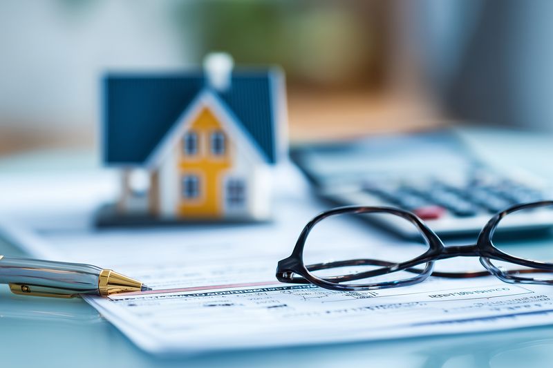 Close-up of financial paperwork with reading glasses, pen and a small house model on a desk, illustrating mortgage planning, property investment, loan processing and home ownership documentation.