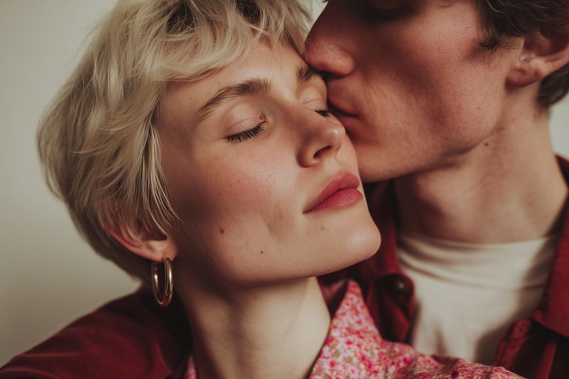 Intimate close-up of a young couple showing tenderness as a man gently kisses a woman on the cheek, warm natural light highlighting skin texture and quiet romantic mood.
