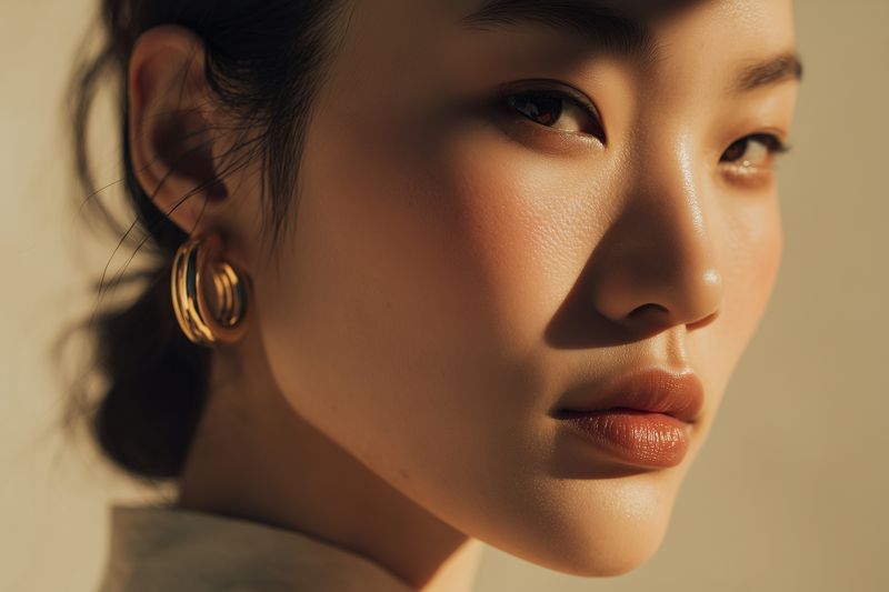 Close-up portrait of a young woman bathed in warm directional light, showcasing dewy skin texture, subtle makeup and gold hoop earrings for a refined beauty editorial look.